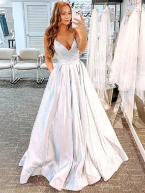 A Line V Neck Open Back Silver Long Prom Dresses, V Neck Silver Formal Graduation Evening Dresses