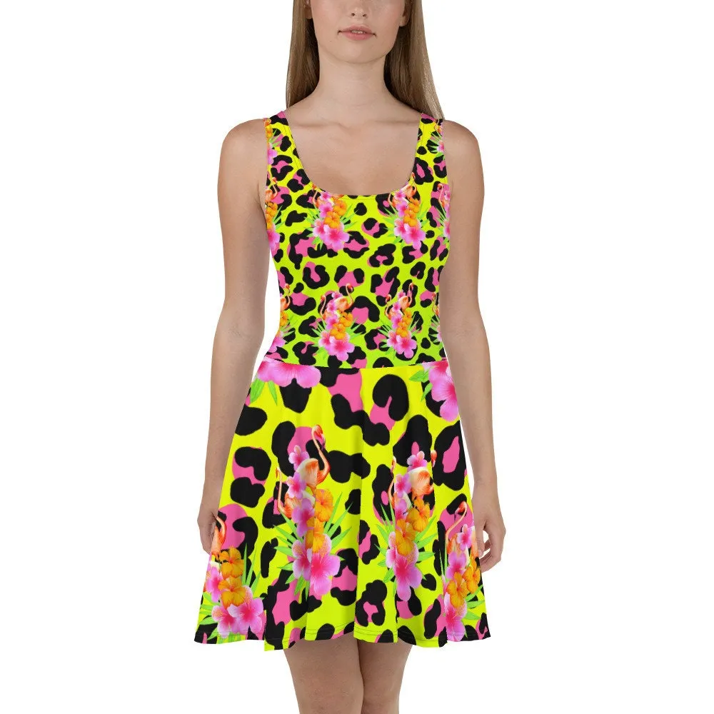 Animal Print Tropical Flamingos Skater Dress