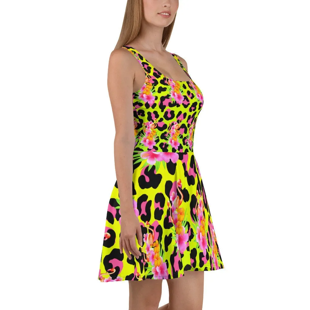 Animal Print Tropical Flamingos Skater Dress