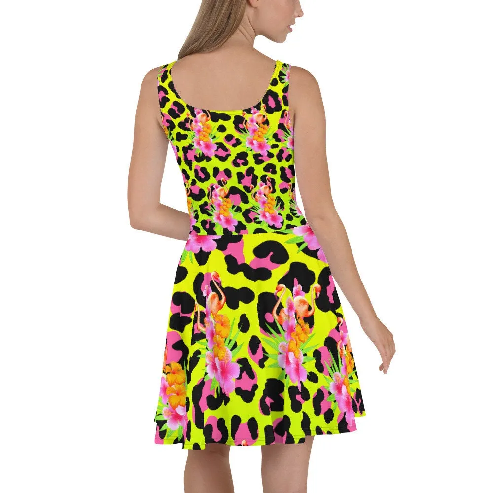 Animal Print Tropical Flamingos Skater Dress