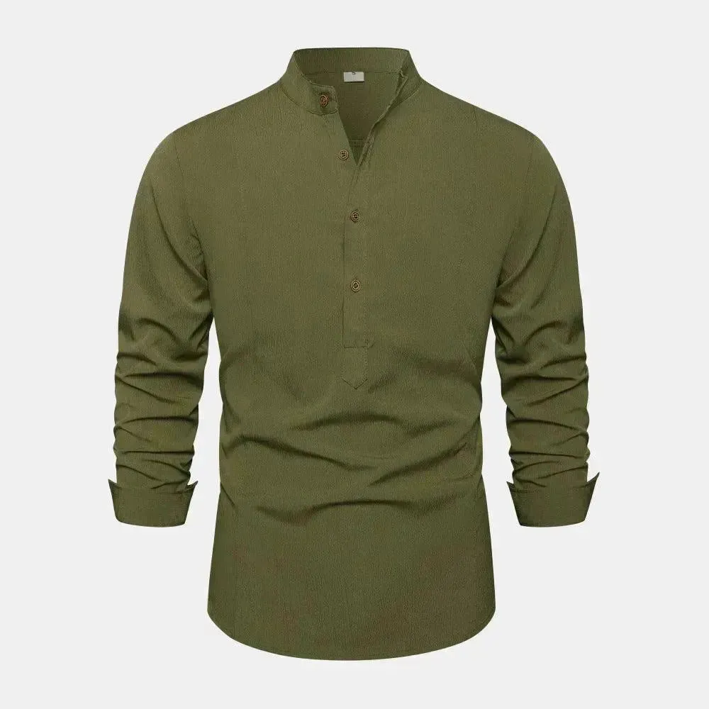 Autumn Solid Color Stand Collar Casual Long Sleeve Cotton And Linen Men's Shirt