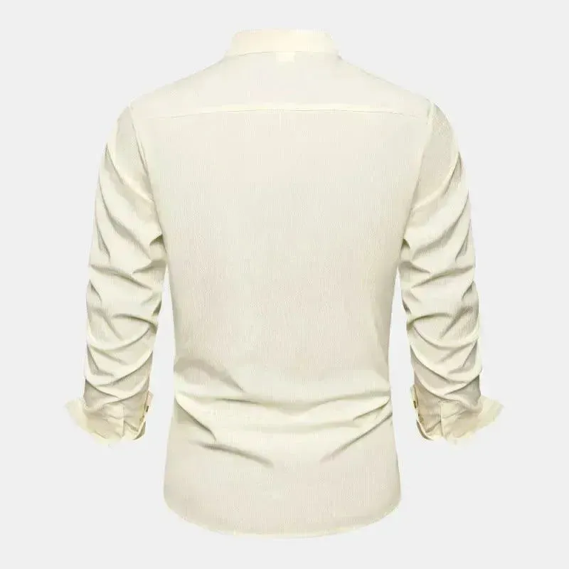 Autumn Solid Color Stand Collar Casual Long Sleeve Cotton And Linen Men's Shirt