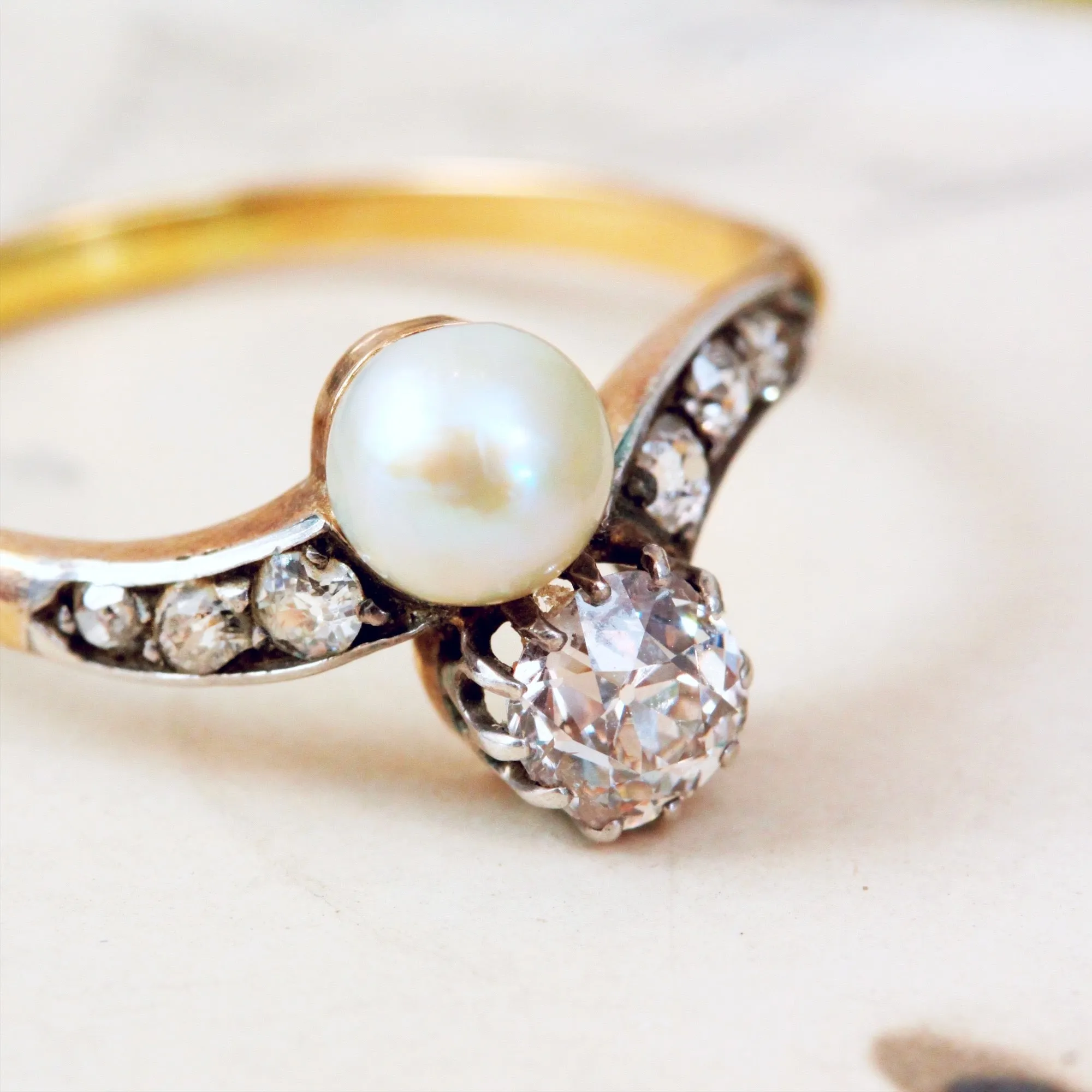 Beauteous Antique Pearl and Diamond Crossover Ring