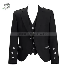 Black Barathea Wool Fabric Argyll Jacket with Five Button