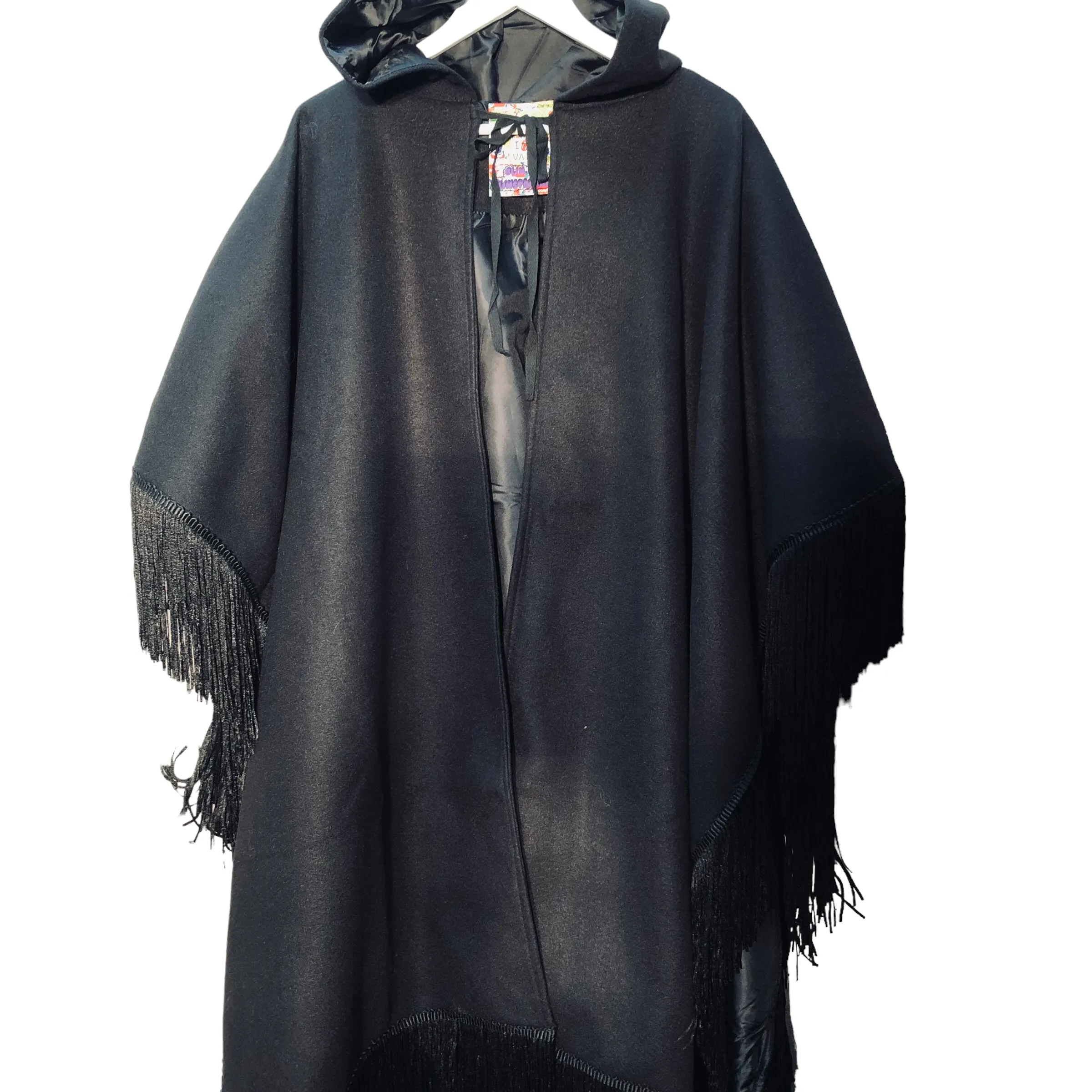 Black Long Fringe Poncho