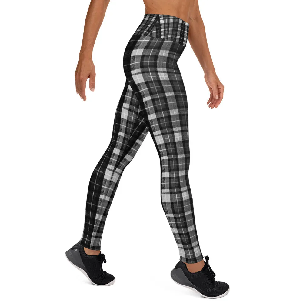 Black Plaid Women's Yoga Pants, Workout Fitted Sports Yoga Leggings With Inside Pockets