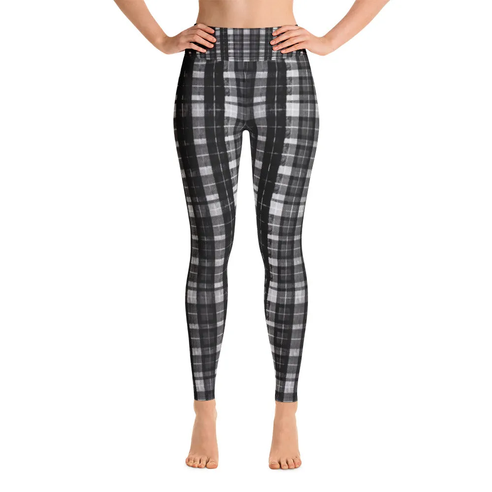 Black Plaid Women's Yoga Pants, Workout Fitted Sports Yoga Leggings With Inside Pockets