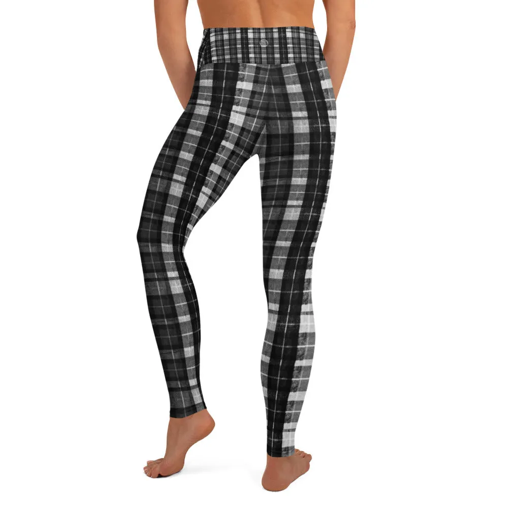 Black Plaid Women's Yoga Pants, Workout Fitted Sports Yoga Leggings With Inside Pockets