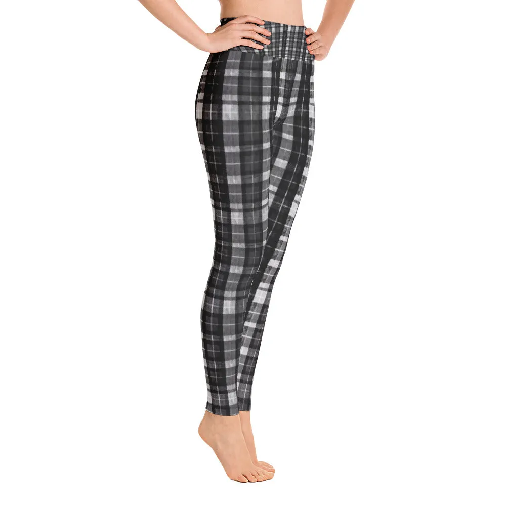 Black Plaid Women's Yoga Pants, Workout Fitted Sports Yoga Leggings With Inside Pockets