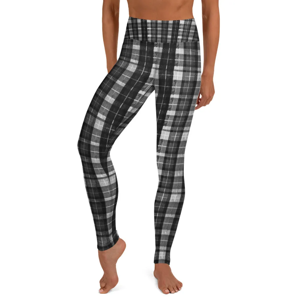 Black Plaid Women's Yoga Pants, Workout Fitted Sports Yoga Leggings With Inside Pockets