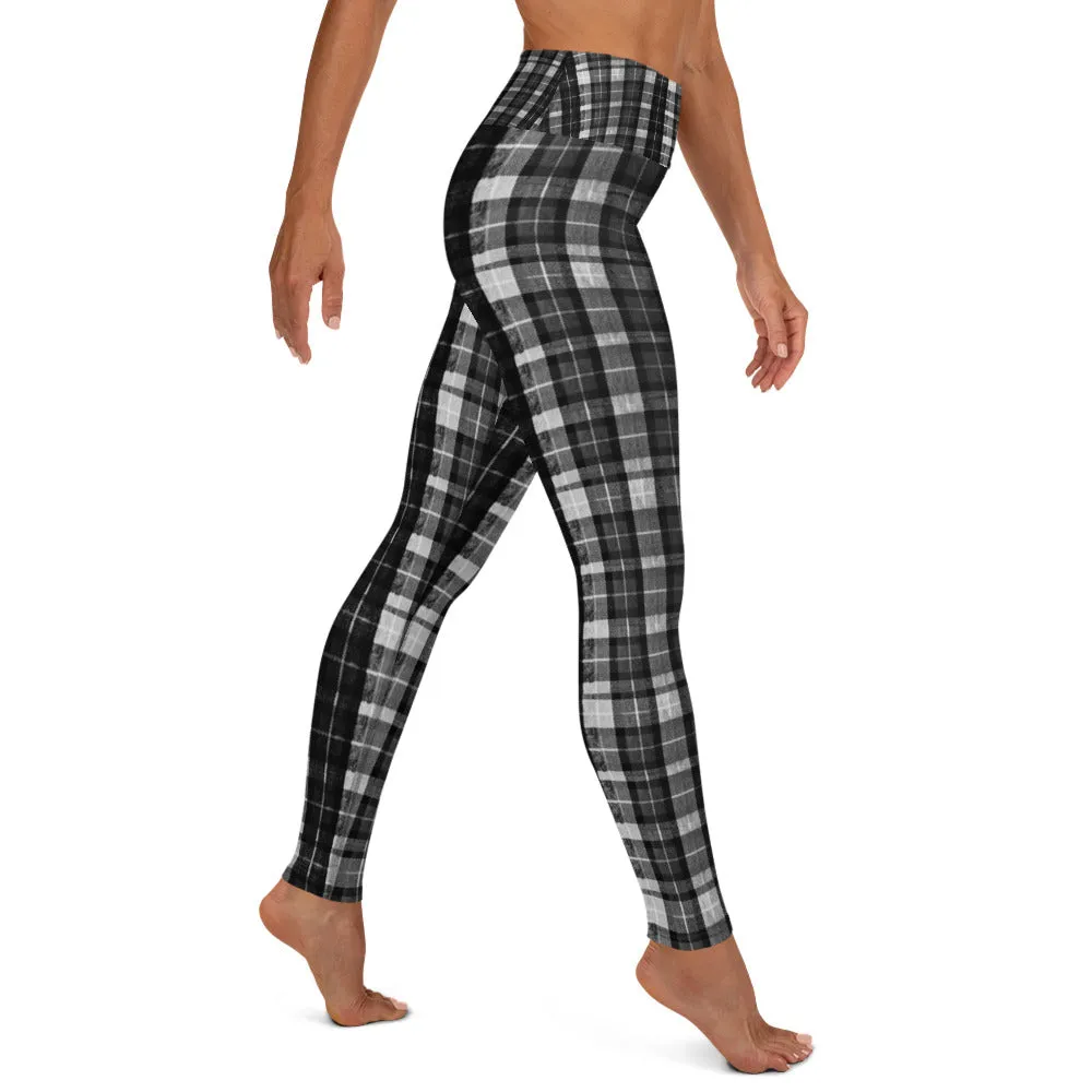 Black Plaid Women's Yoga Pants, Workout Fitted Sports Yoga Leggings With Inside Pockets