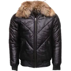 Black V-Bomber Style Puffer Winter Leather Jacket With Fur Collar