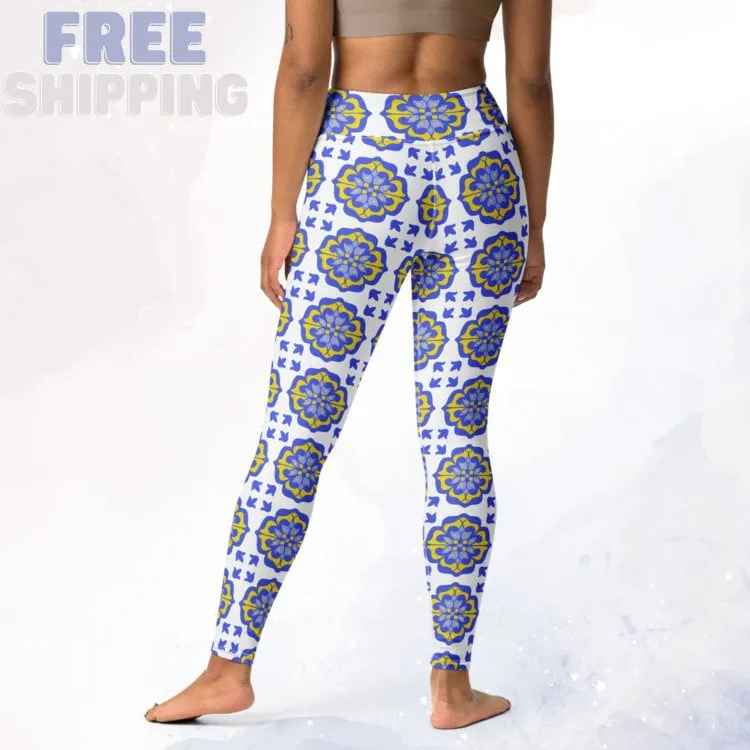 Blue and White Mosaic Leggings