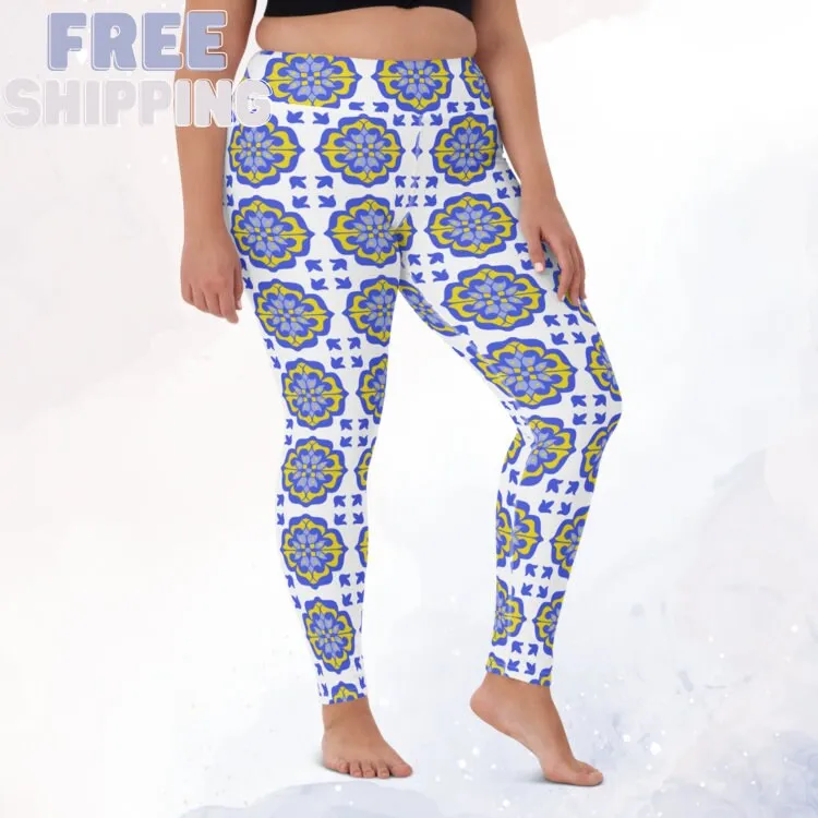 Blue and White Mosaic Leggings