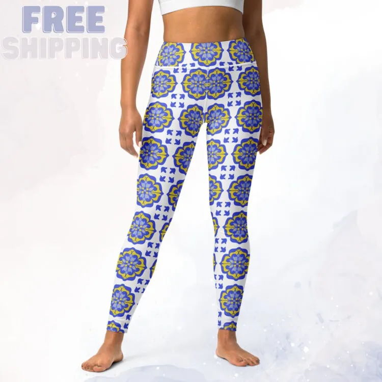 Blue and White Mosaic Leggings