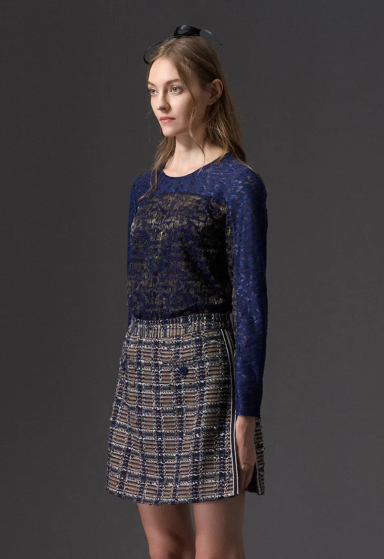 Blue Jacquard Lace Top