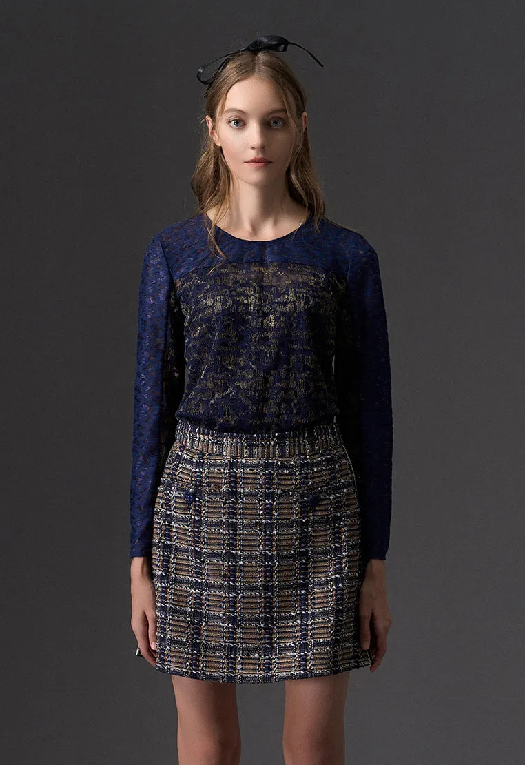 Blue Jacquard Lace Top