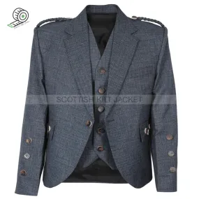 Blue Worsted Wool Serge Fabric Argyll Jacket with Five Button Waistcoat