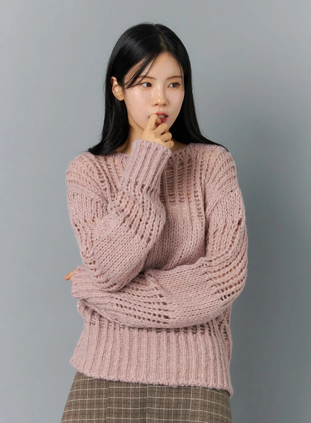 Boat Neck Mesh Knit Sweater ON324