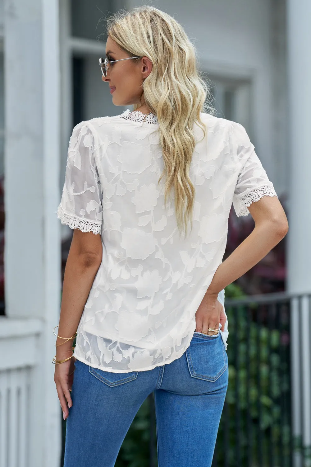 Bohemian Applique Lace Trim V-Neck Blouse