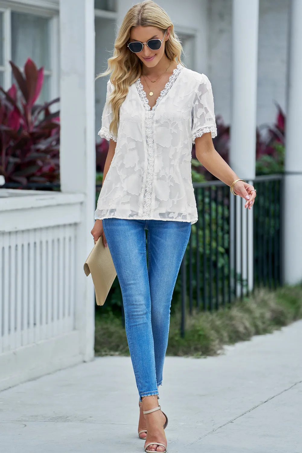 Bohemian Applique Lace Trim V-Neck Blouse