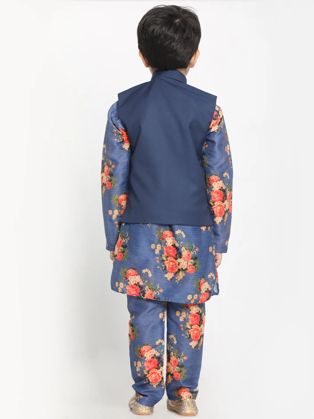 Boy's Multicolor Base Blue Cotton Blend Jacket, Kurta And Pyjama Set - JBN Creation