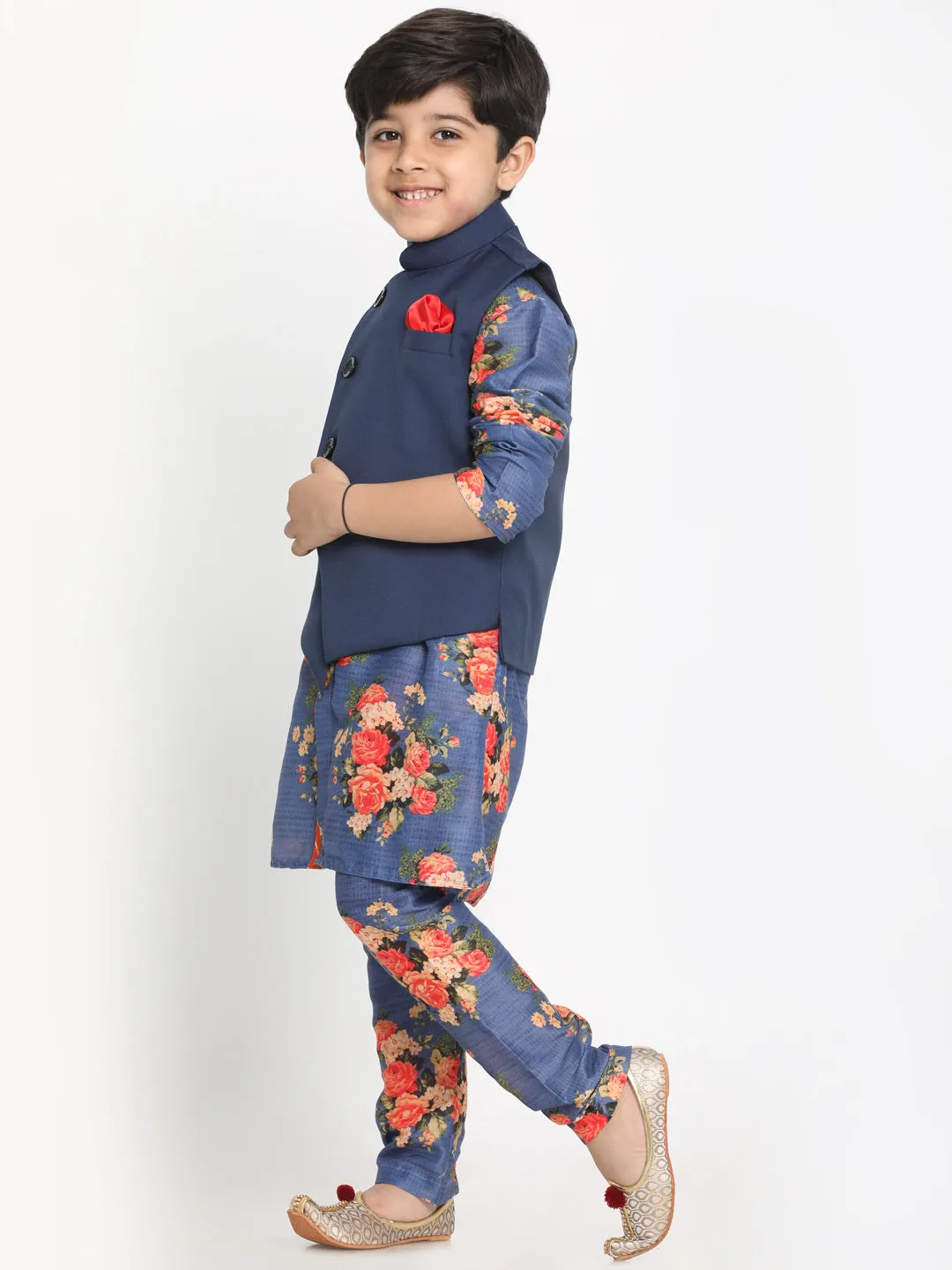 Boy's Multicolor Base Blue Cotton Blend Jacket, Kurta And Pyjama Set - JBN Creation