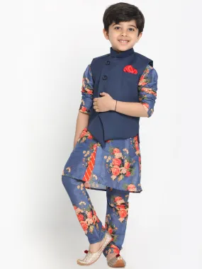 Boy's Multicolor Base Blue Cotton Blend Jacket, Kurta And Pyjama Set - JBN Creation