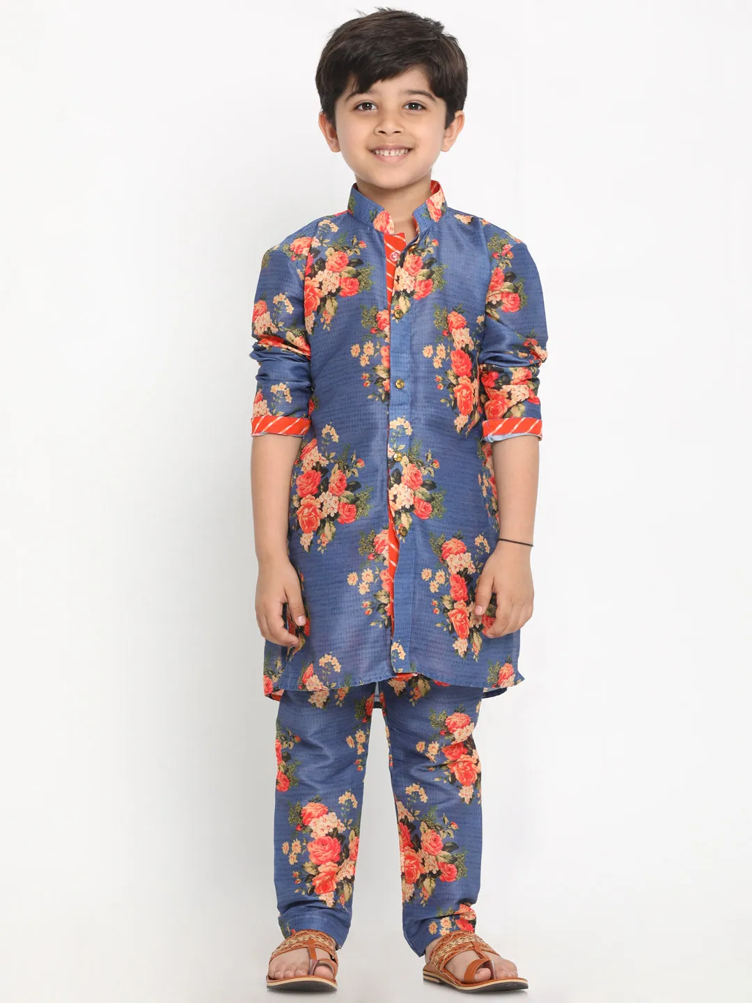 Boy's Multicolor Base Blue Cotton Blend Jacket, Kurta And Pyjama Set - JBN Creation