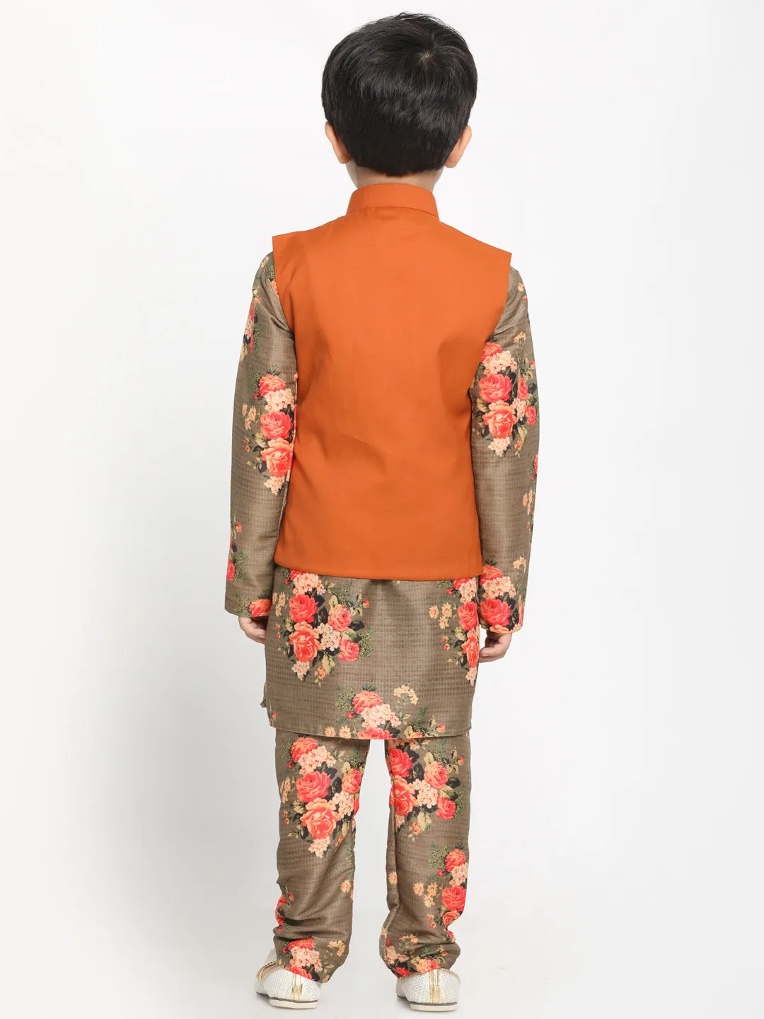 Boy's Multicolor Base Brown Cotton Blend Jacket, Kurta And Pyjama Set - JBN Creation