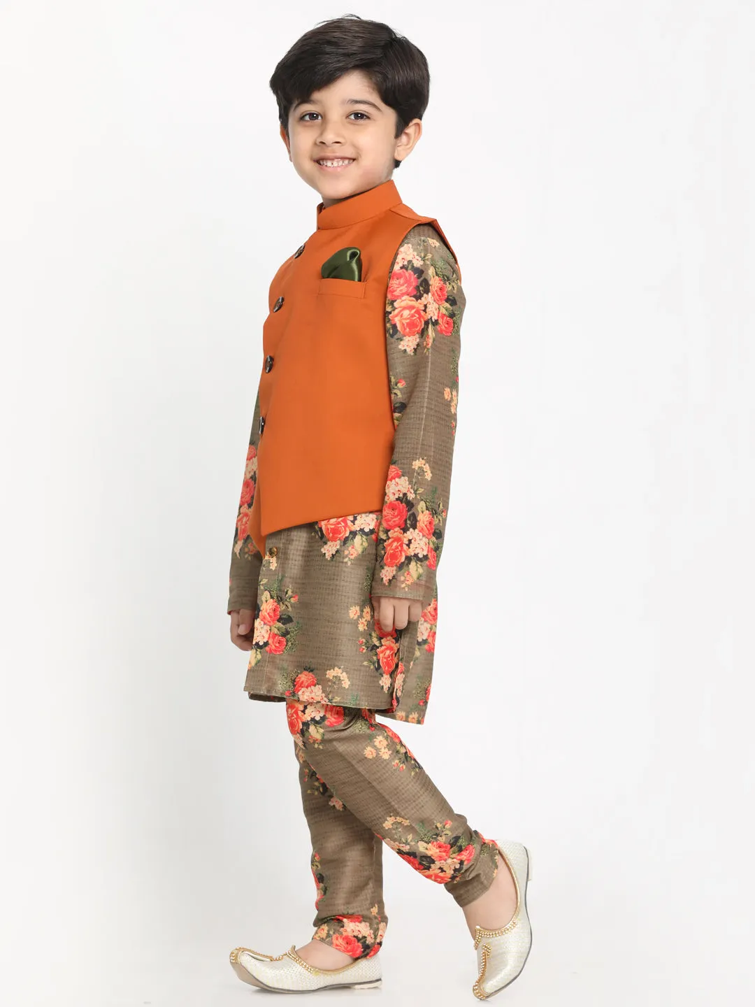 Boy's Multicolor Base Brown Cotton Blend Jacket, Kurta And Pyjama Set - JBN Creation