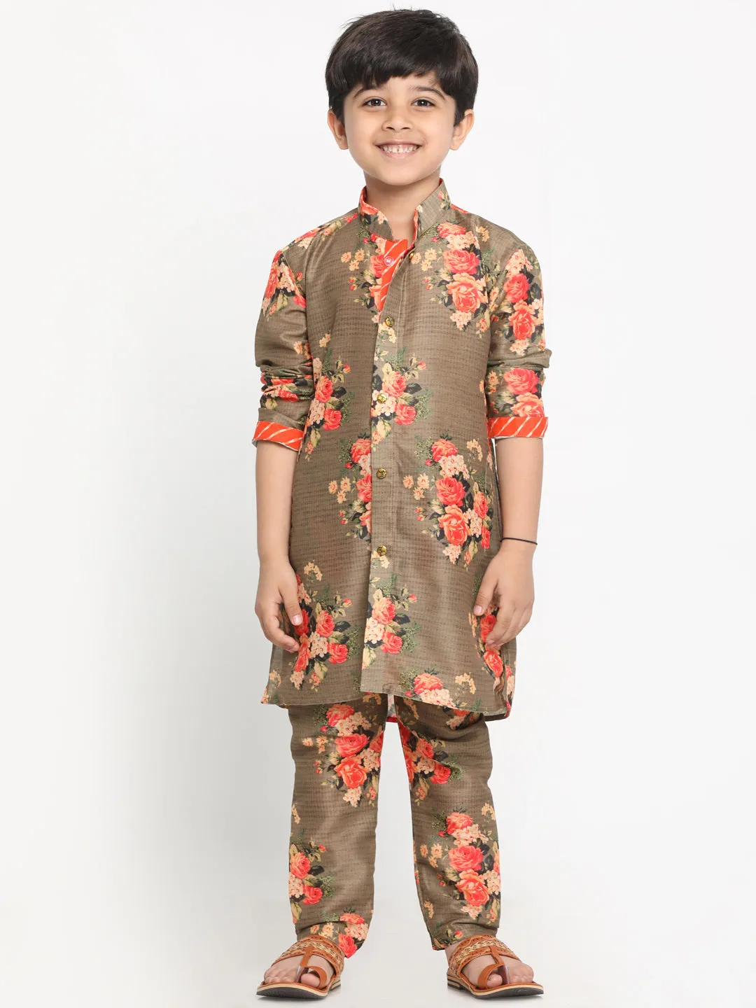 Boy's Multicolor Base Brown Cotton Blend Jacket, Kurta And Pyjama Set - JBN Creation