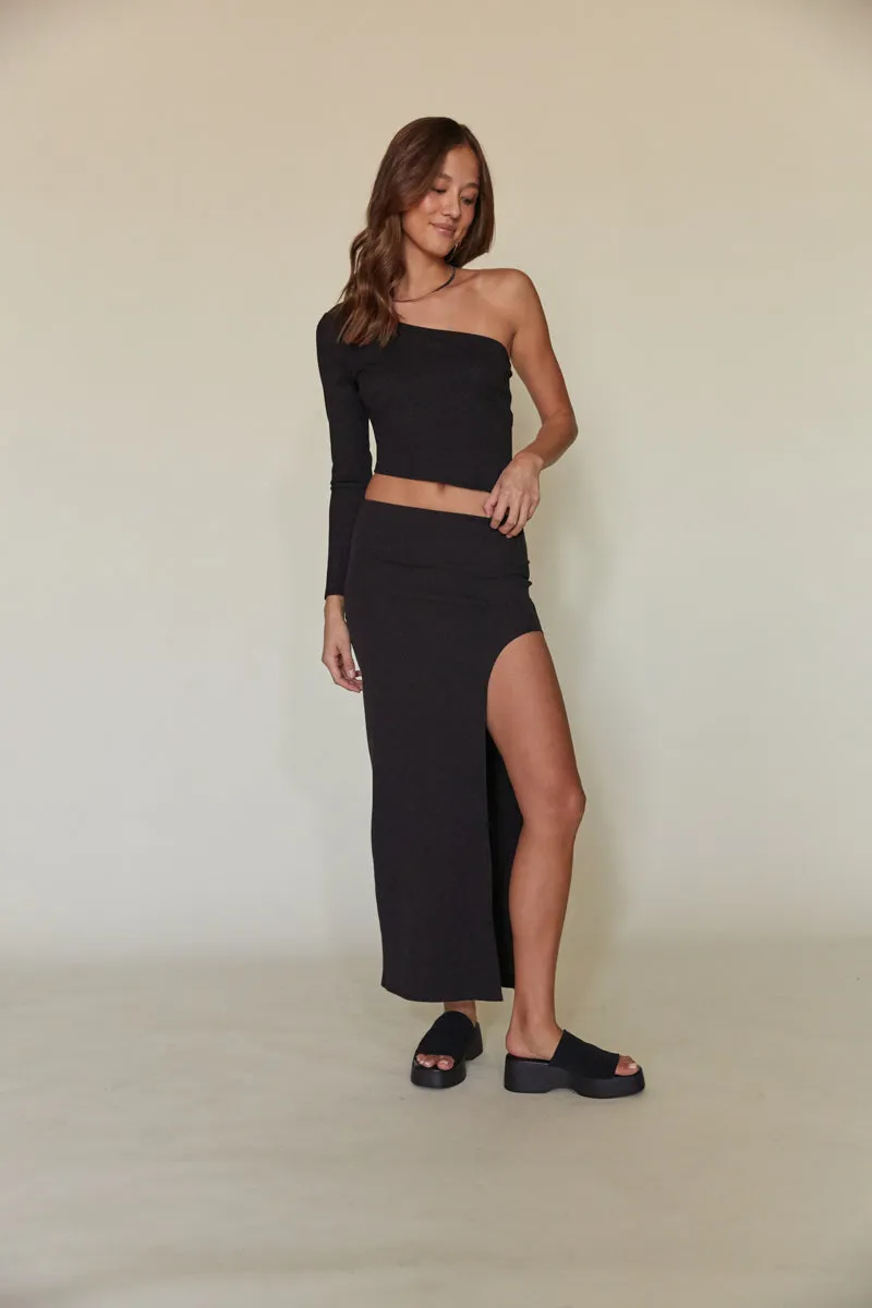 Bri Ribbed Side Slit Midi Skirt