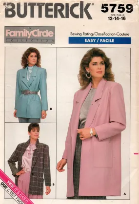 Butterick 5759 Womens Long Box Jacket 1980s Vintage Sewing Pattern Size 12 - 16 UNCUT Factory Folded