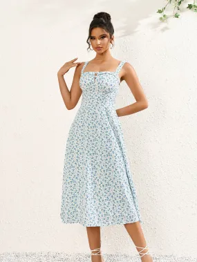 Button Bust Ruched Floral Print Midi Dress