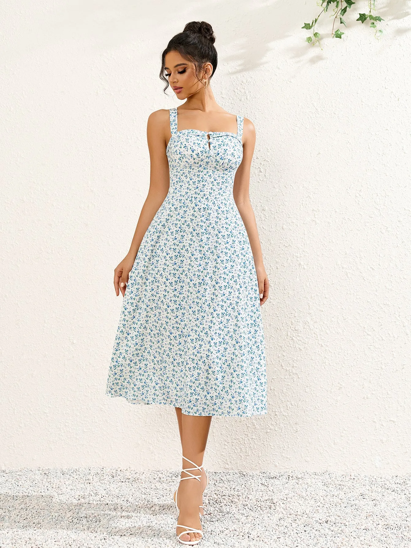 Button Bust Ruched Floral Print Midi Dress