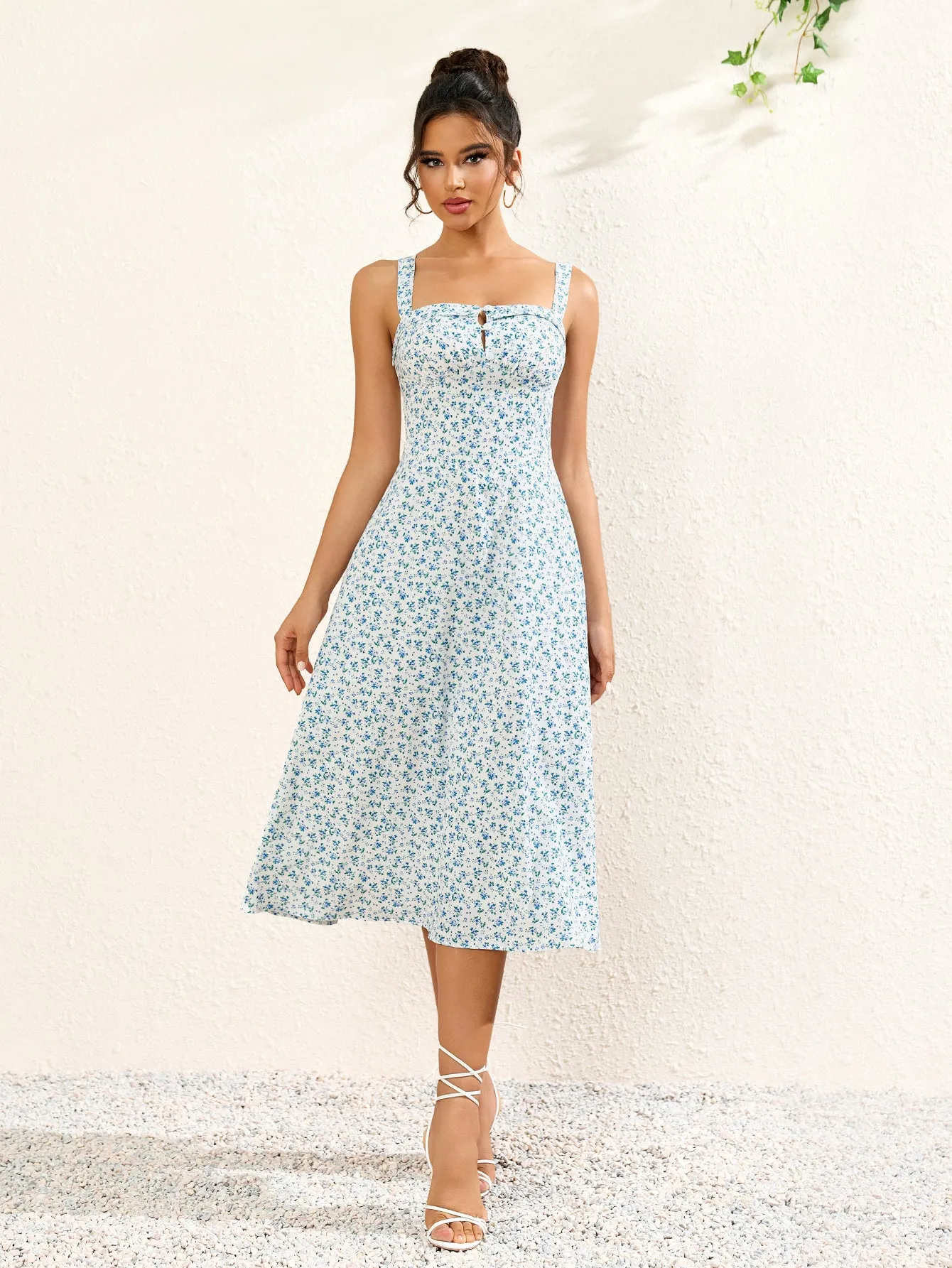 Button Bust Ruched Floral Print Midi Dress