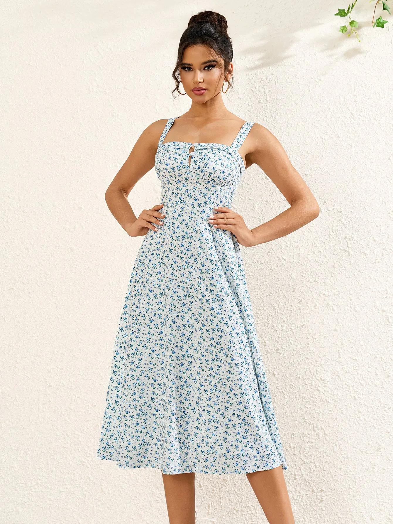 Button Bust Ruched Floral Print Midi Dress