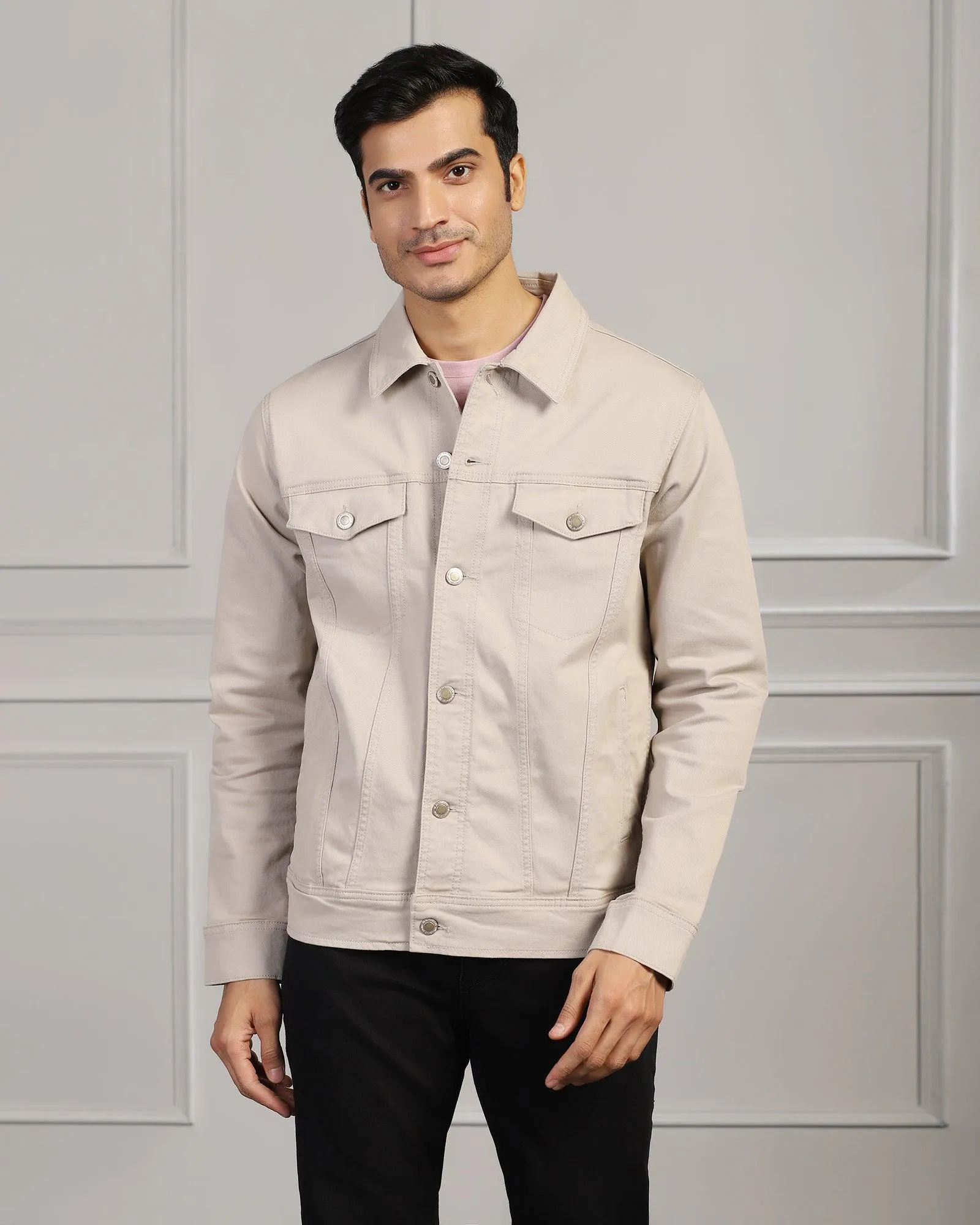 Casual Beige Solid Denim Jacket - Jeff