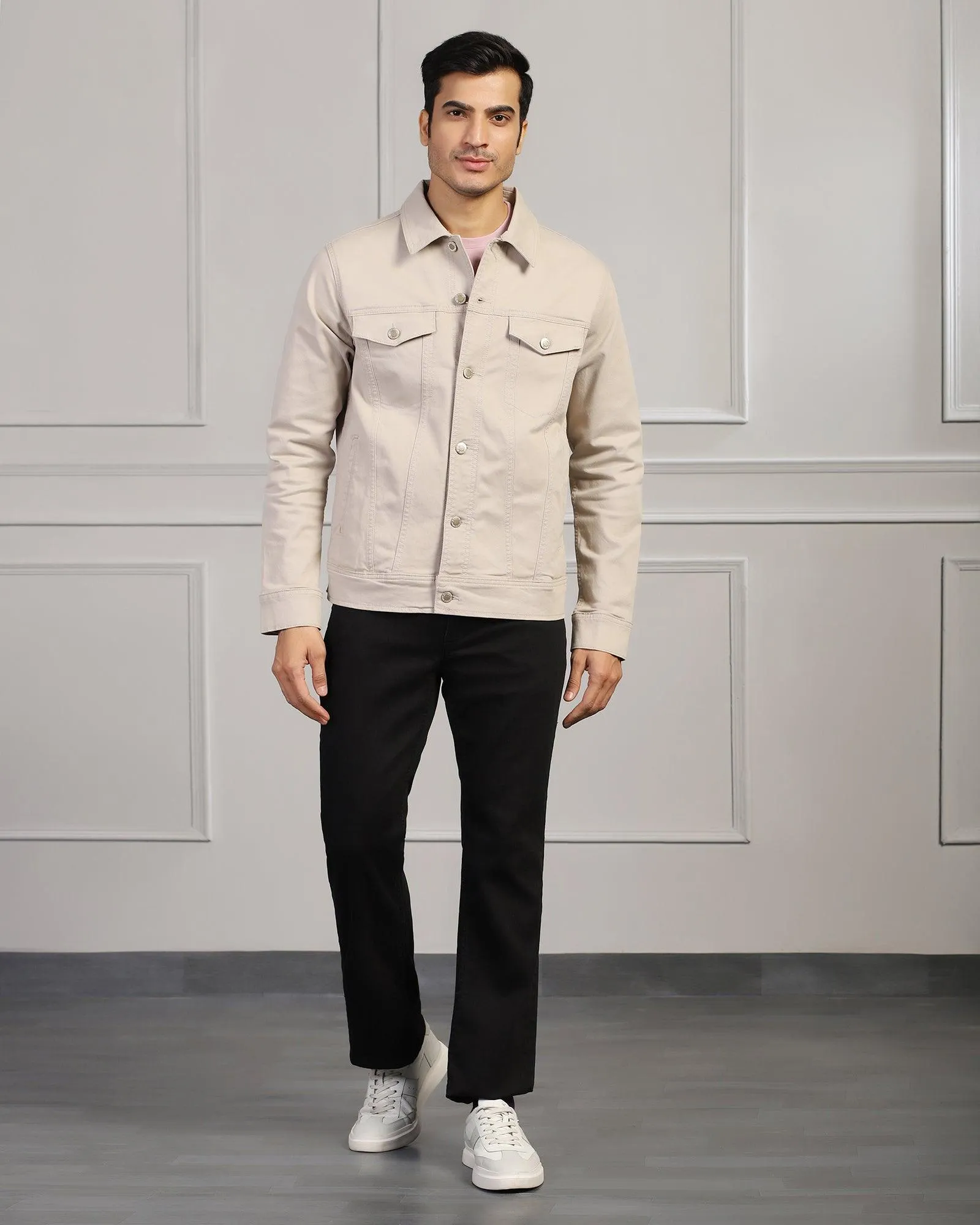 Casual Beige Solid Denim Jacket - Jeff