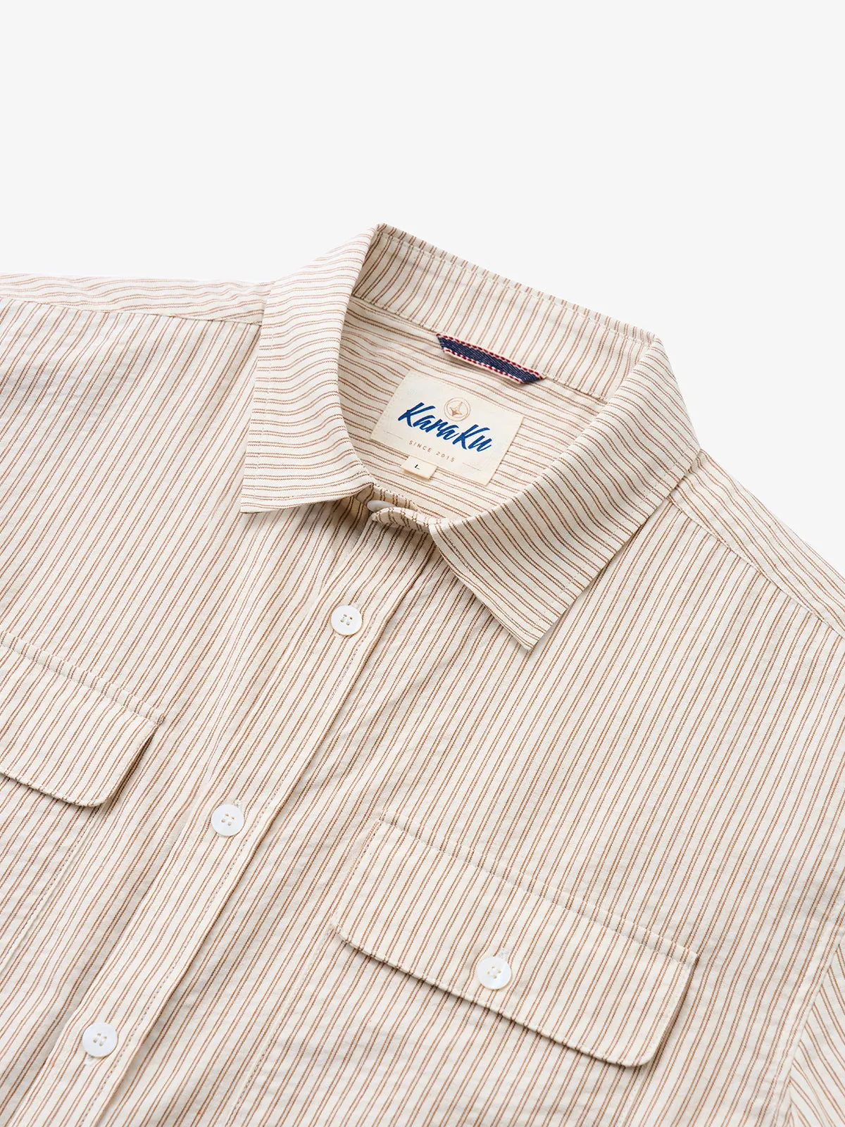 Casual Khaki Striped Double-Pocket Cotton Shirt