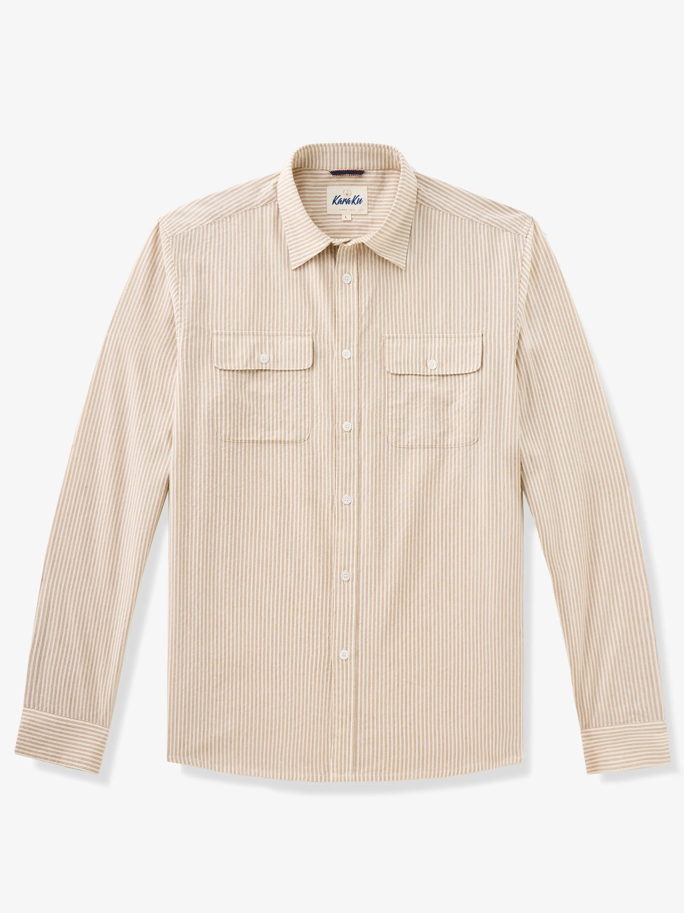 Casual Khaki Striped Double-Pocket Cotton Shirt