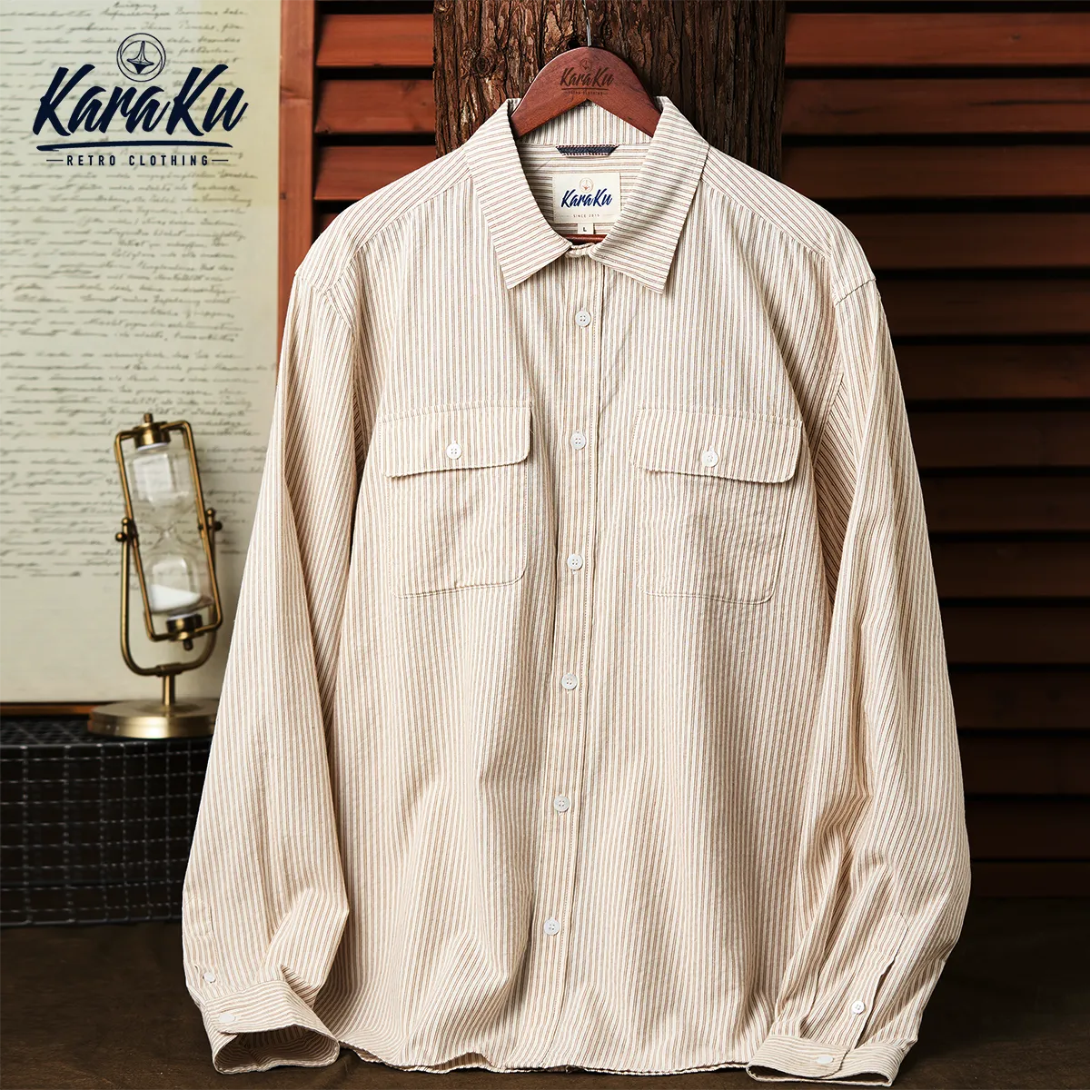 Casual Khaki Striped Double-Pocket Cotton Shirt