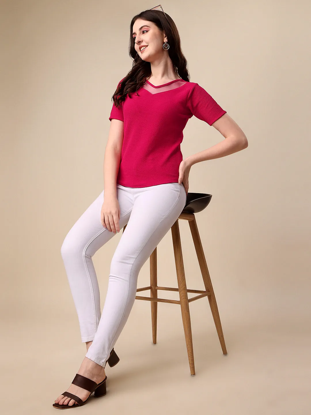 Casual Regular Sleeves Solid Women Pink Top