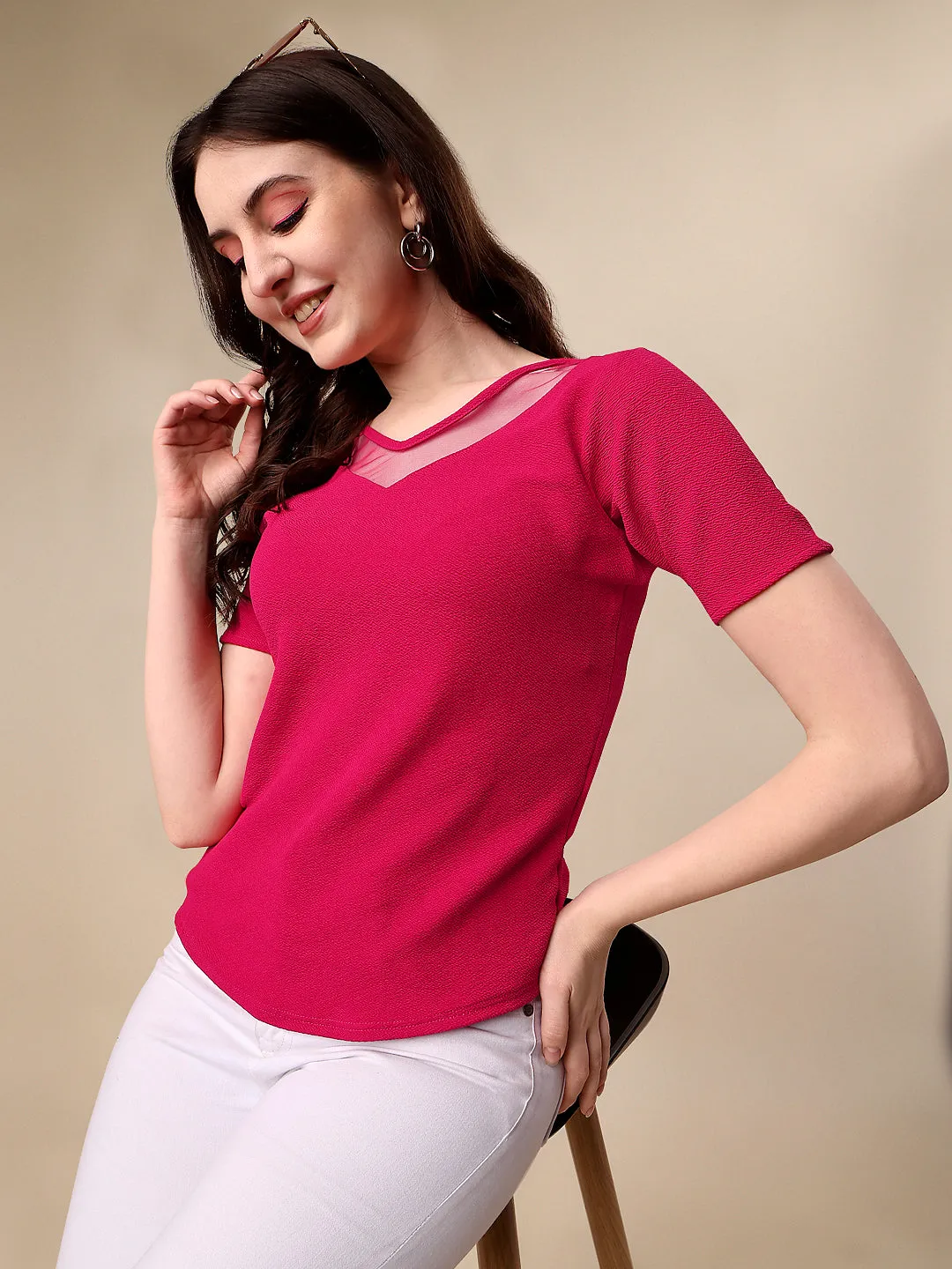 Casual Regular Sleeves Solid Women Pink Top