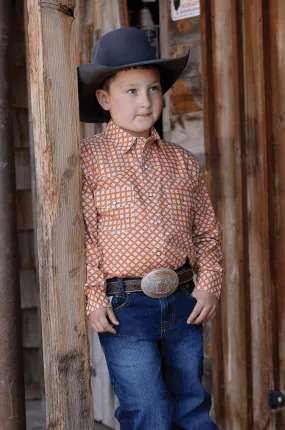 Cinch Boy's Orange Geo Print Snap Long Sleeve Western Shirt MTW7020090