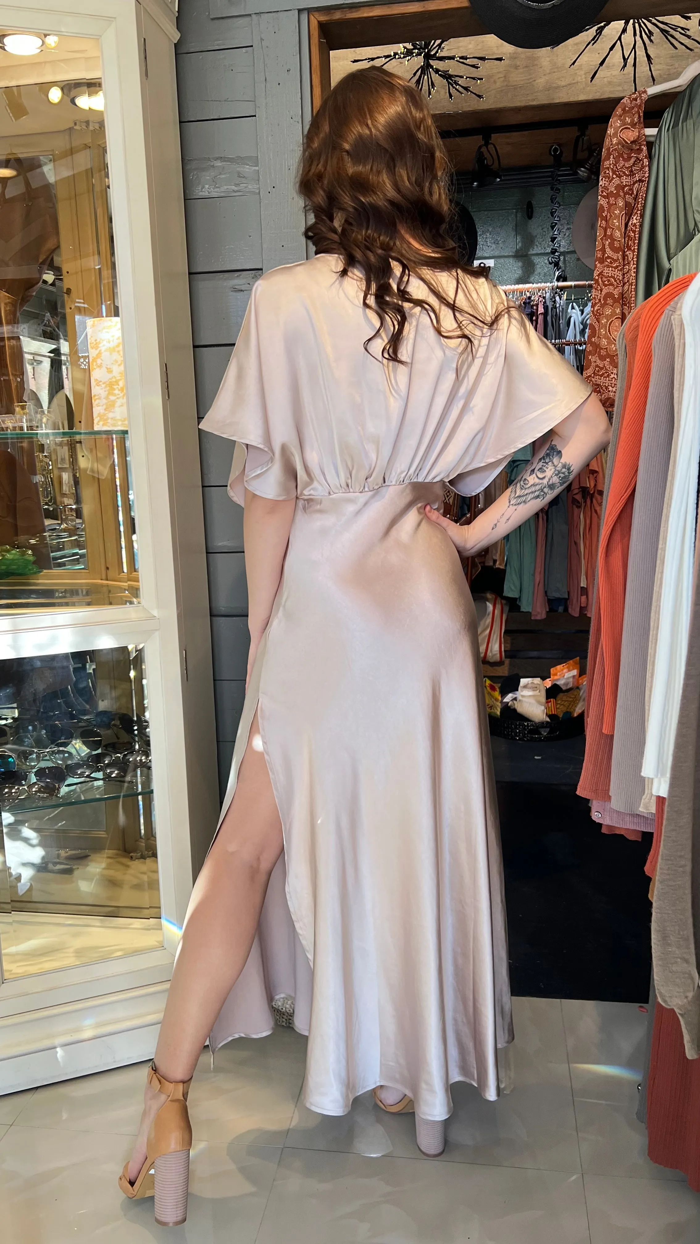 Classic Elegant Oyster Satin Maxi Dress