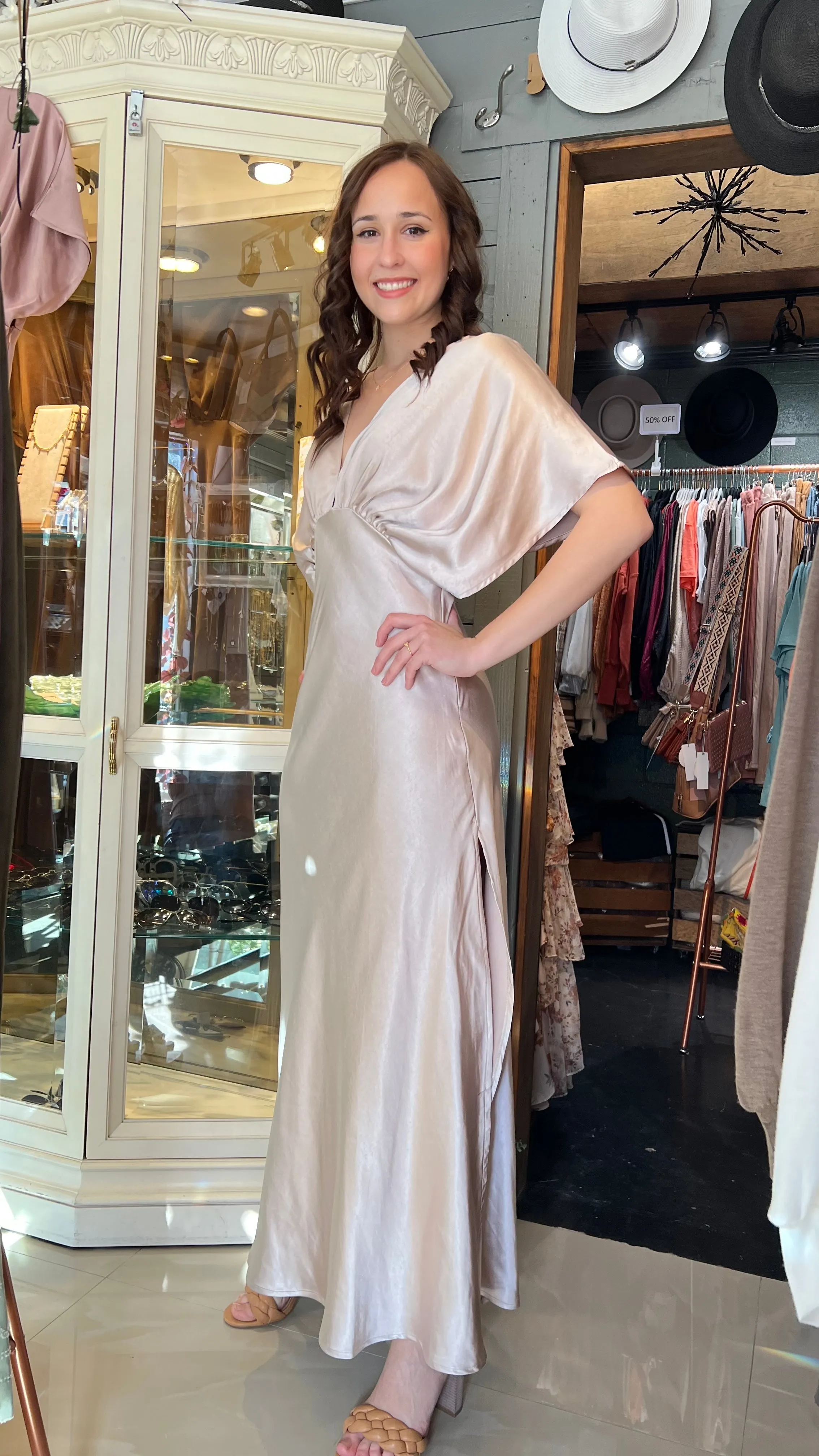 Classic Elegant Oyster Satin Maxi Dress