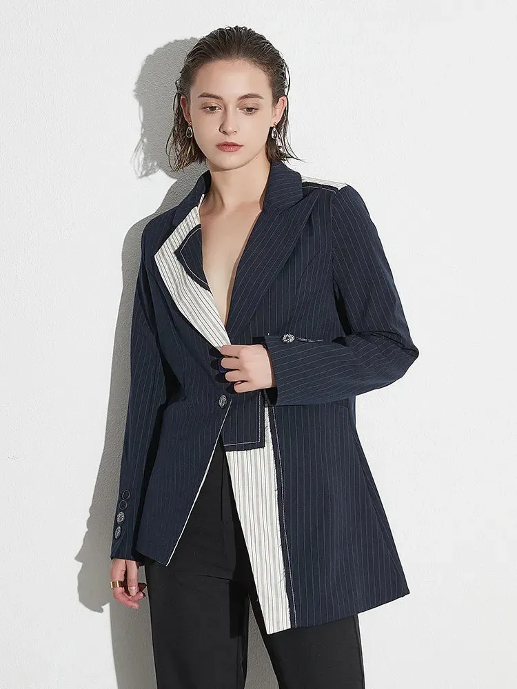 Colorblock Striped Casual Loose Blazers For Women Notched Collar Long Sleeve Irregular Hem Blazer Female Fashion