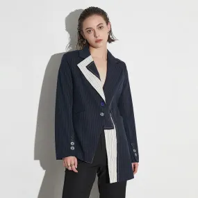 Colorblock Striped Casual Loose Blazers For Women Notched Collar Long Sleeve Irregular Hem Blazer Female Fashion